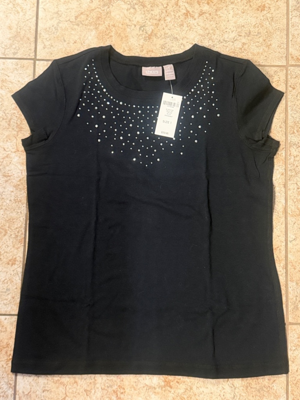Chico's Black Short Sleeve Top with Silver Stud Accents